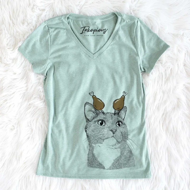 Thanksgiving Gizmo the Grey Cat - Women's V-neck Shirt-- Front Pockets Side Pockets Patch Pockets Thanksgiving Gizmo the Grey Cat - Women's V-neck Shirt-- Front Pockets Side Pockets Patch Pockets