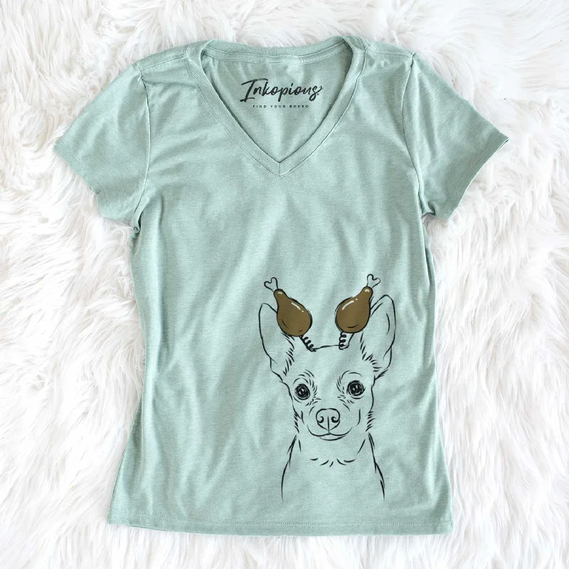 Thanksgiving Martini the Chihuahua - Women's V-neck Shirt-- Print Jacquard Patchwork Thanksgiving Martini the Chihuahua - Women's V-neck Shirt-- Print Jacquard Patchwork