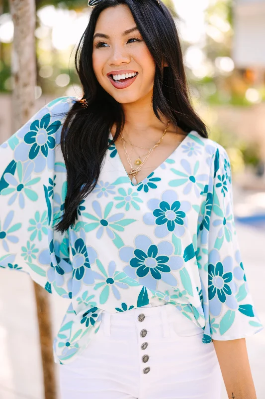 Take You There Teal Blue Floral Blouse Double Button Blouse