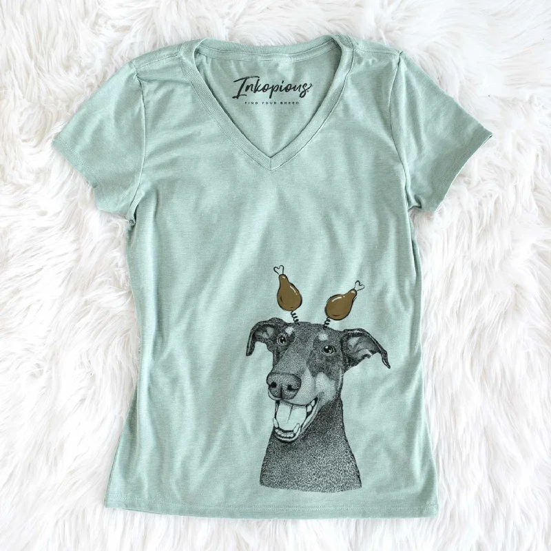Thanksgiving Bunnie the Doberman Pinscher - Women's V-neck Shirt-- Houndstooth Herringbone Solid Thanksgiving Bunnie the Doberman Pinscher - Women's V-neck Shirt-- Houndstooth Herringbone Solid