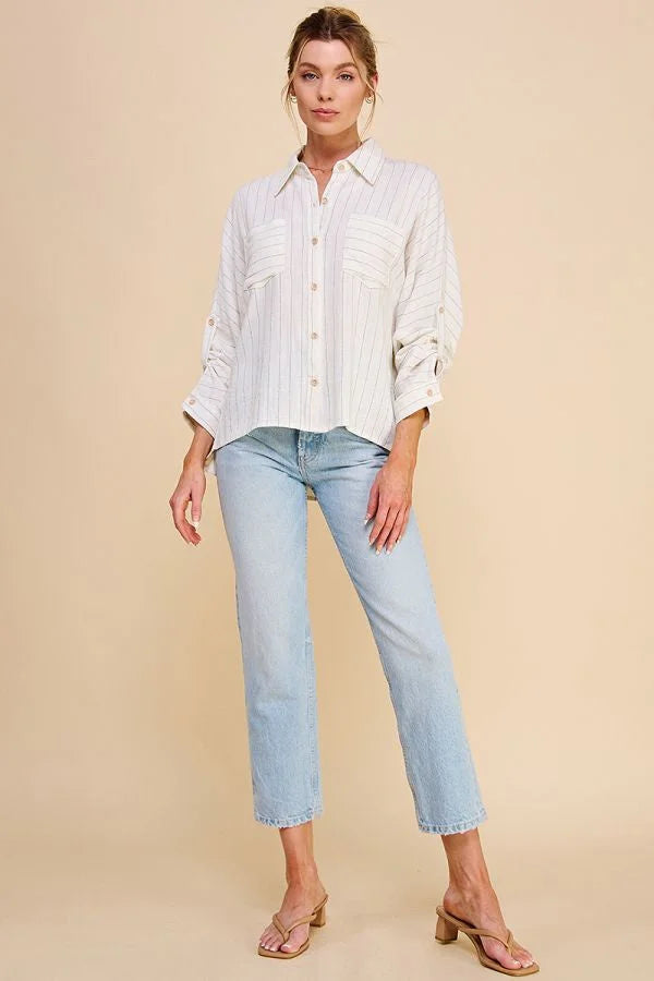 LINEN PINSTRIPE DOLMAN BUTTON FRONT SHIRT-- Houndstooth Herringbone Solid