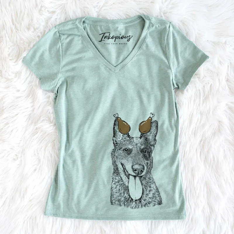 Thanksgiving Madison the Blue Heeler - Women's V-neck Shirt-- Satin Blend Silk Blend Wool Blend Thanksgiving Madison the Blue Heeler - Women's V-neck Shirt-- Satin Blend Silk Blend Wool Blend