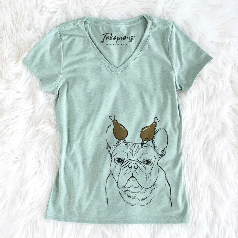 Thanksgiving Fudge the French Bulldog - Women's V-neck Shirt-- Zippered Buttoned Snapped Thanksgiving Fudge the French Bulldog - Women's V-neck Shirt-- Zippered Buttoned Snapped