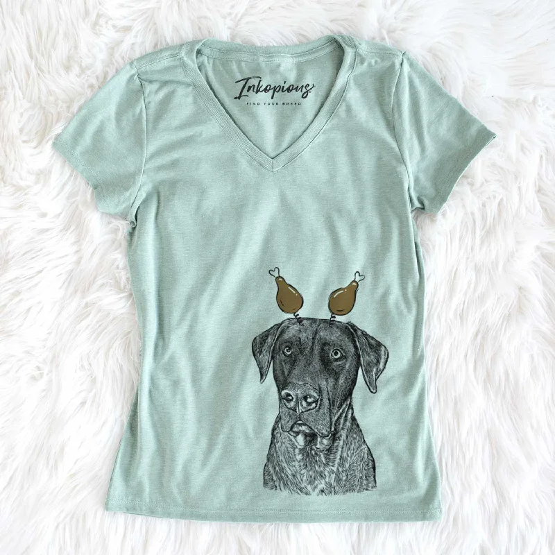 Thanksgiving David the Boxador - Women's V-neck Shirt-- Fleece Fabric Down Fabric Feather Fabric Thanksgiving David the Boxador - Women's V-neck Shirt-- Fleece Fabric Down Fabric Feather Fabric