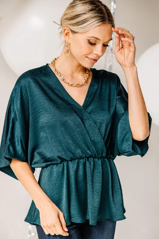 Show Out Emerald Green Satin Blouse Silky Draped Blouse