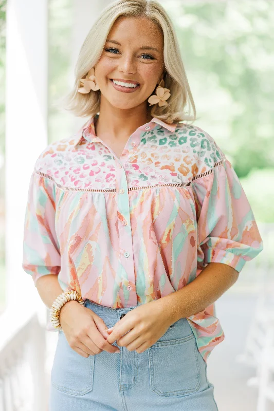 Think About Love Mauve Pink Mixed Print Blouse Oversized Silk Blouse