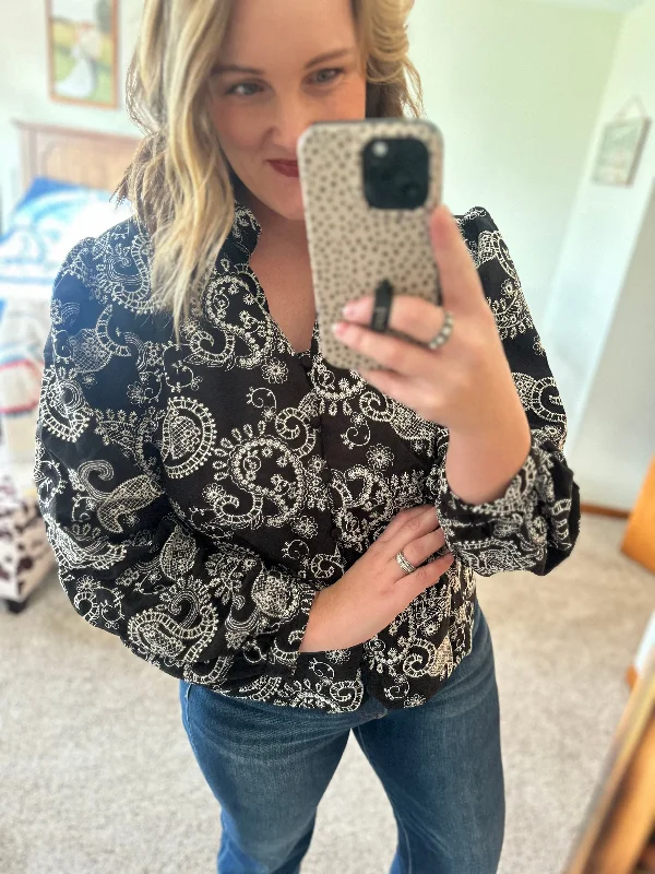 Paisley Eyelet Laced Button Down Blouse - Black High Neck Blouse