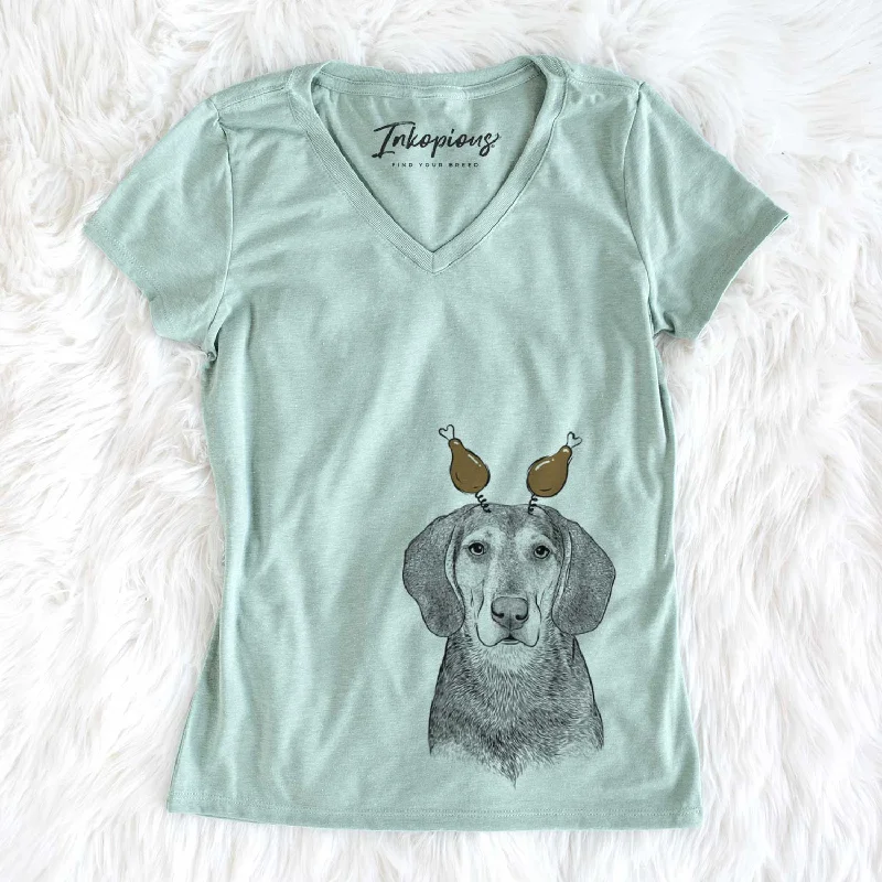 Thanksgiving Daisy the Hound Mix - Women's V-neck Shirt-- Lace Blend Ribbed Blend Corduroy Blend Thanksgiving Daisy the Hound Mix - Women's V-neck Shirt-- Lace Blend Ribbed Blend Corduroy Blend