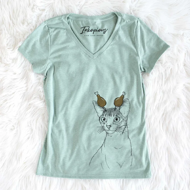 Thanksgiving Cedric the Abyssinian Cat - Women's V-neck Shirt-- Ribbed Striped Patterned Thanksgiving Cedric the Abyssinian Cat - Women's V-neck Shirt-- Ribbed Striped Patterned