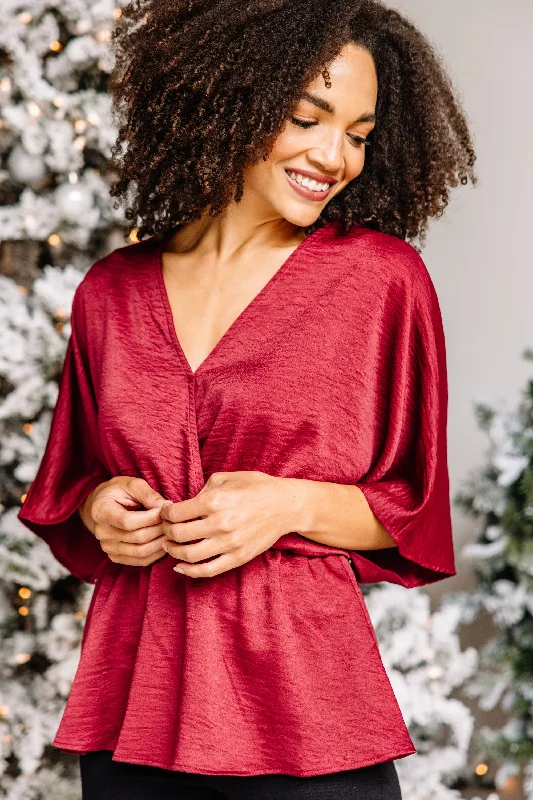 Show Out Burgundy Red Satin Blouse Embellished Collar Blouse