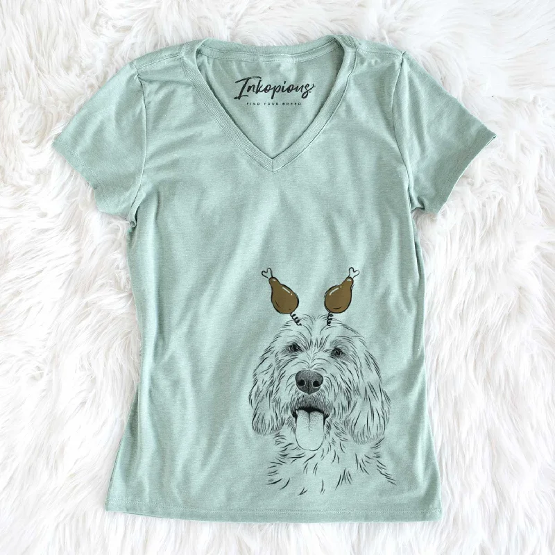Thanksgiving Homer the Grand Basset Griffon Vendeen - Women's V-neck Shirt-- Spandex Blend Rayon Blend Denim Blend