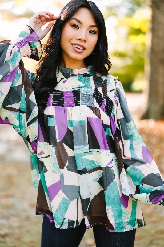 Promised Fun Orchid Purple Abstract Blouse Pleated Collar Blouse
