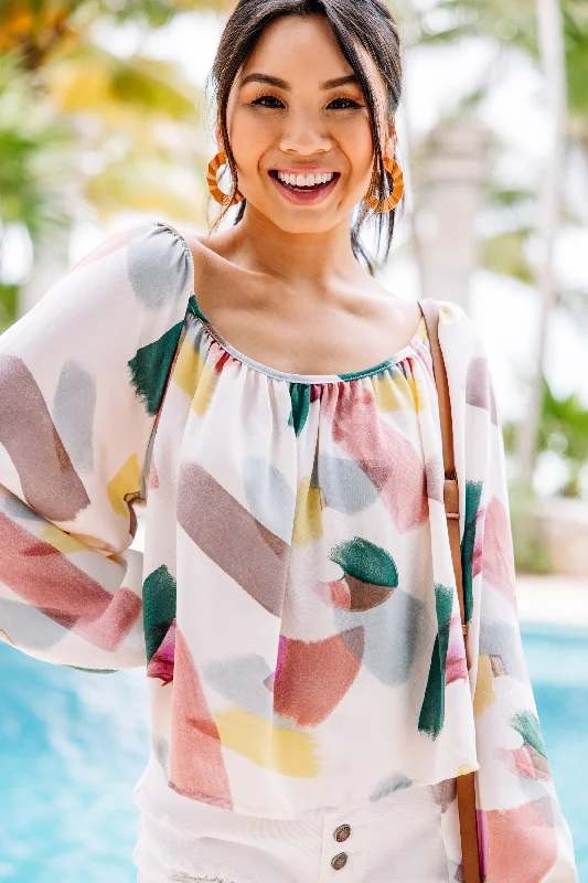 Speak Your Mind White Abstract Blouse Polished Work Blouse