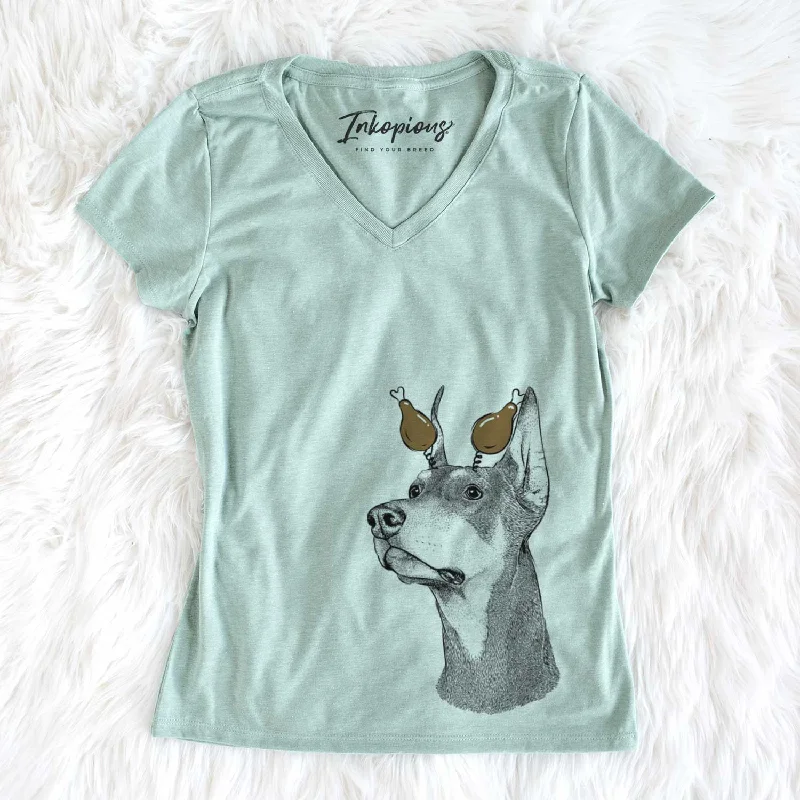 Thanksgiving Cenza the Doberman Pinscher - Women's V-neck Shirt-- Chenille Fabric Brocade Fabric Lace Fabric Thanksgiving Cenza the Doberman Pinscher - Women's V-neck Shirt-- Chenille Fabric Brocade Fabric Lace Fabric