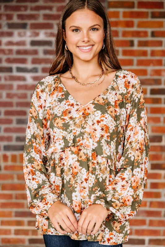 Live For Fun Olive Green Floral Blouse Slim Fit Blouse