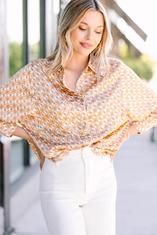 Looking Back Yellow Gold Geometric Print Blouse Classic Striped Blouse