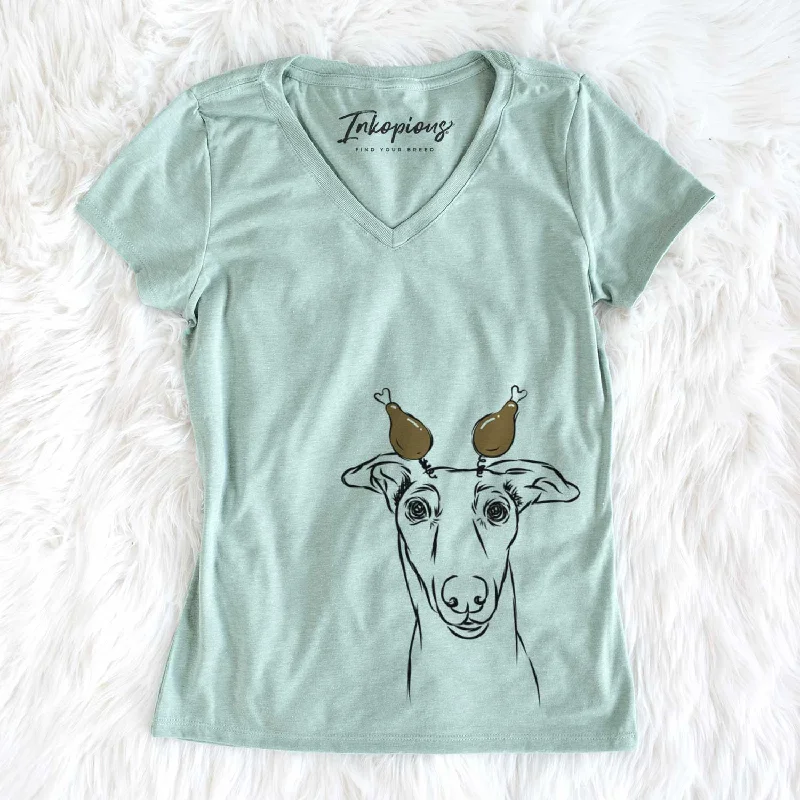 Thanksgiving Diva the Greyhound - Women's V-neck Shirt-- Spandex Blend Rayon Blend Denim Blend