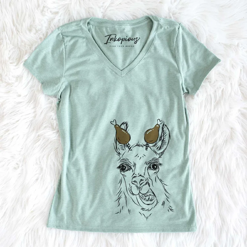 Thanksgiving Larry the Llama - Women's V-neck Shirt-- Mesh Blend Leather Blend Suede Blend Thanksgiving Larry the Llama - Women's V-neck Shirt-- Mesh Blend Leather Blend Suede Blend