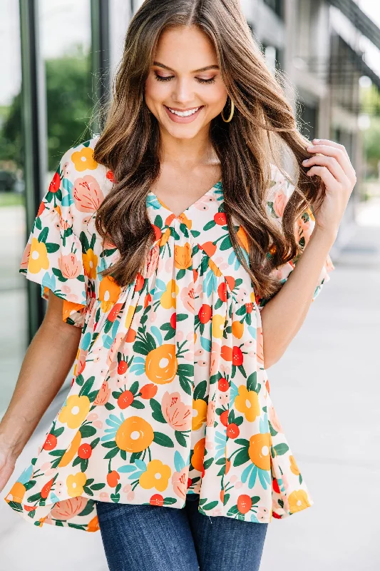 Make It Your Own Sand White Floral Blouse Backless Summer Blouse