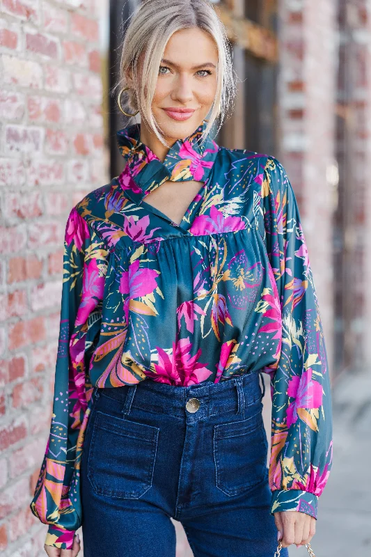 Always With Love Pink & Teal Floral Blouse Modern Oversized Blouse