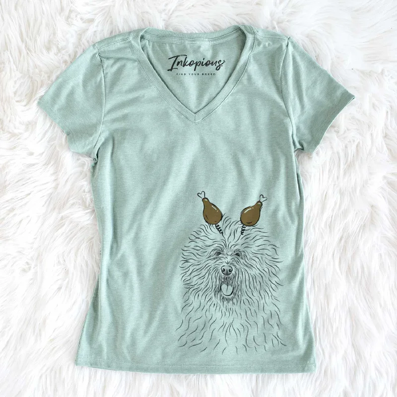 Thanksgiving Cozie the Old English Sheepdog - Women's V-neck Shirt-- Fitted T-Shirt Seamless Stretchy Thanksgiving Cozie the Old English Sheepdog - Women's V-neck Shirt-- Fitted T-Shirt Seamless Stretchy