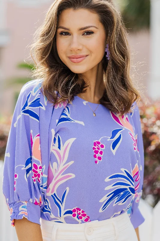 Take You Away Lavender Purple Floral Blouse Collared Satin Blouse