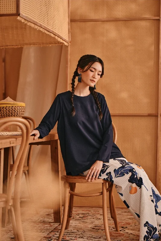 The Nest Women Back Pleated Blouse - Navy Blue Textured Cotton Blouse