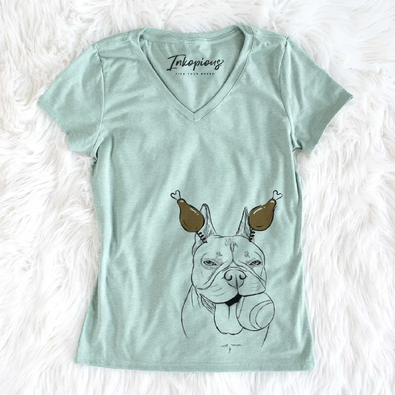 Thanksgiving Happy Franco the French Bulldog - Women's V-neck Shirt-- Cotton Fabric Linen Fabric Terry Fabric