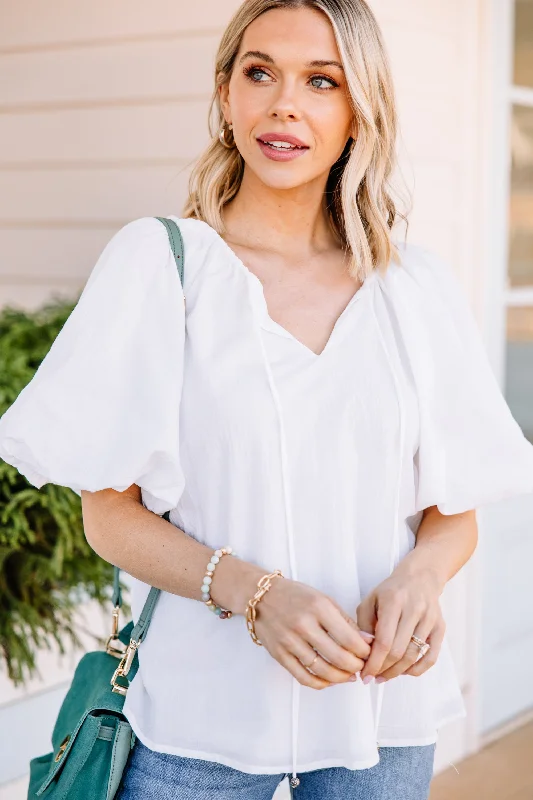 Open To Love White Bubble Sleeve Blouse Stretchy Fitted Blouse