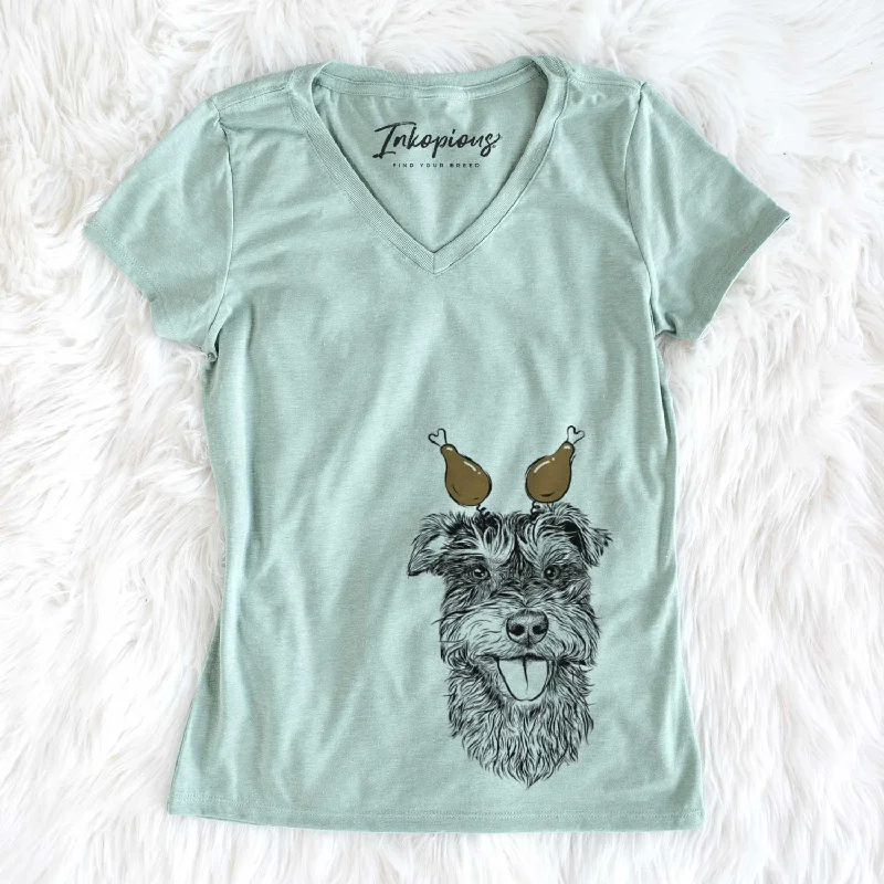 Thanksgiving Buster the Schnoodle - Women's V-neck Shirt-- Striped Floral Plaid