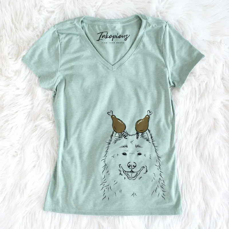 Thanksgiving Luka the Samoyed - Women's V-neck Shirt-- Front Pockets Side Pockets Patch Pockets Thanksgiving Luka the Samoyed - Women's V-neck Shirt-- Front Pockets Side Pockets Patch Pockets