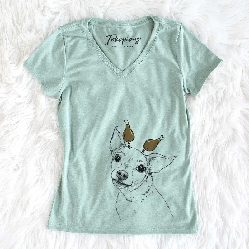 Thanksgiving Lola the Chiweenie - Women's V-neck Shirt-- Solid Color Striped Floral