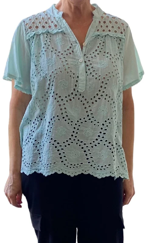 Wren Plain Brodrie Anglaise Short Sleeved Blouse (3 Colours) Bell Sleeve Blouse