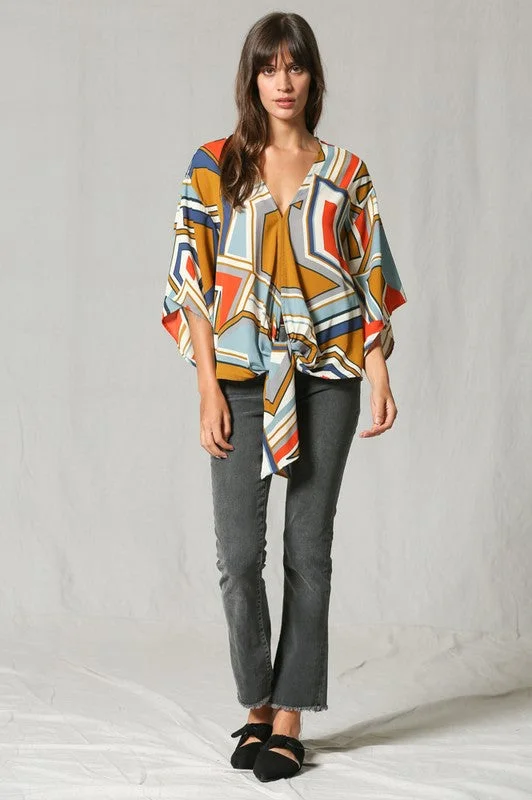 Geometric Print V Neck Blouse Mandarin Collar Blouse