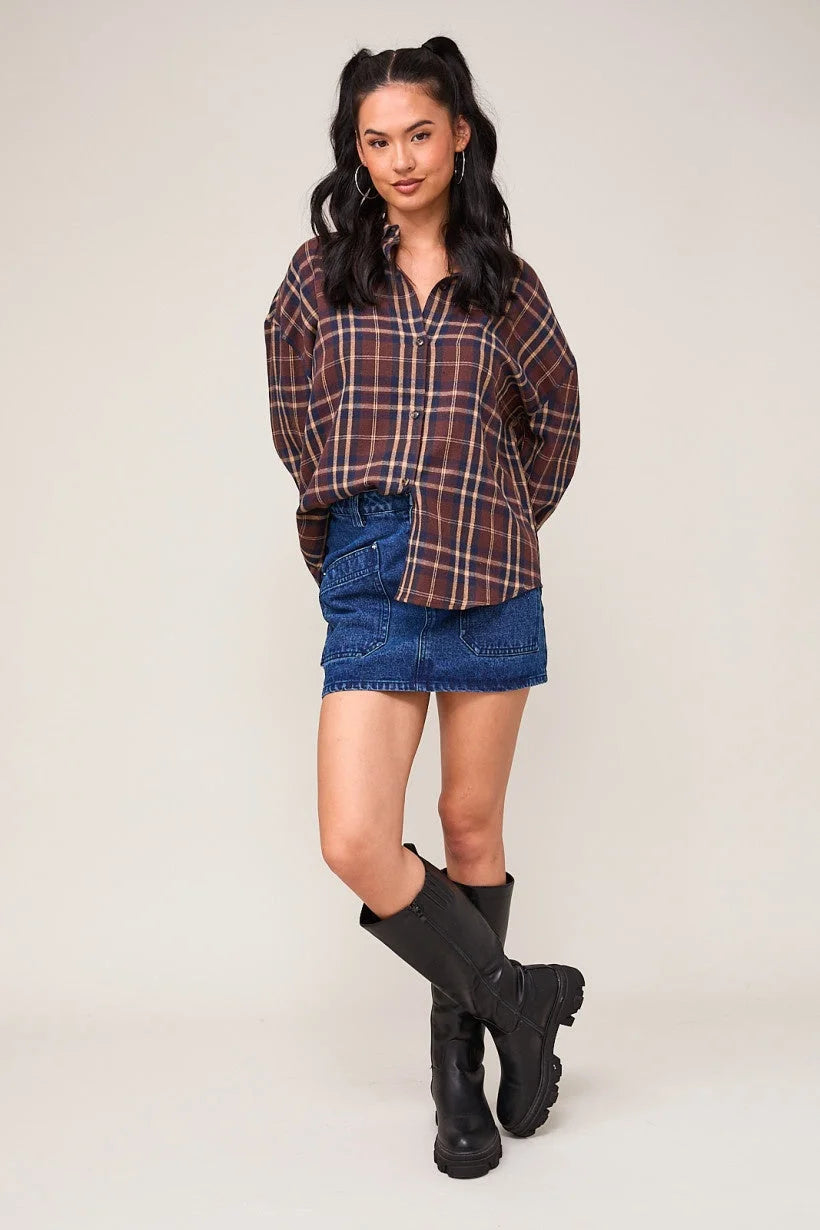 OVERSIZED PLAID SHIRT TOP-- Mesh Blend Leather Blend Suede Blend