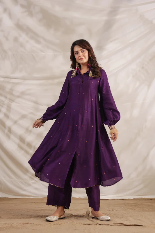 Pankh Shirt Style Embroidered Kurta Set-- Ribbed Striped Patterned