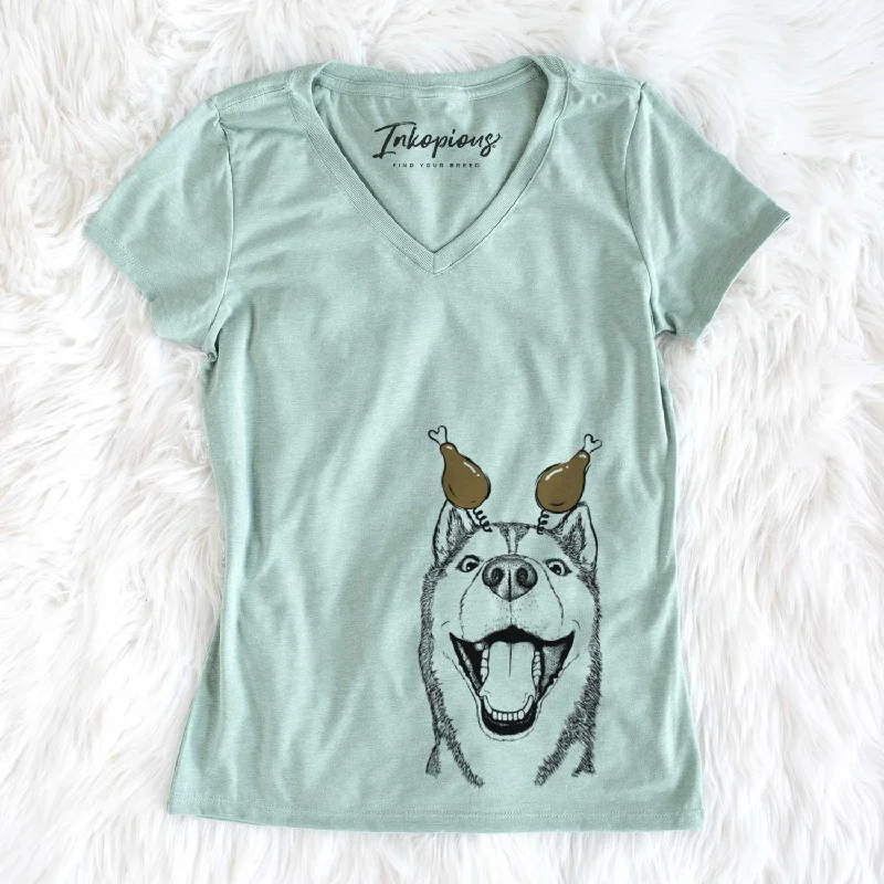 Thanksgiving Little Country the Siberian Husky - Women's V-neck Shirt-- Mesh Canvas Denim