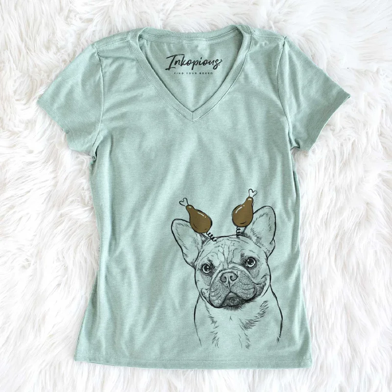 Thanksgiving Chew Chew the French Bulldog - Women's V-neck Shirt-- Polka Dot Checkered Tartan Thanksgiving Chew Chew the French Bulldog - Women's V-neck Shirt-- Polka Dot Checkered Tartan