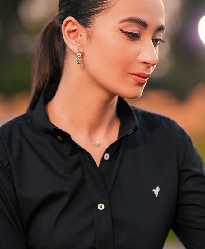Black Button Down Shirt (Women)-- Mesh Blend Leather Blend Suede Blend