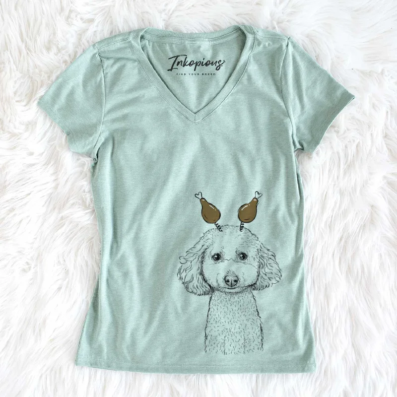 Thanksgiving Guinness the Toy Poodle Mix - Women's V-neck Shirt-- Chenille Blend Fleece Blend Nylon Blend Thanksgiving Guinness the Toy Poodle Mix - Women's V-neck Shirt-- Chenille Blend Fleece Blend Nylon Blend
