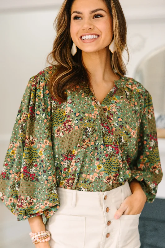 Places To Go Olive Green Ditsy Floral Blouse Lightweight Chiffon Blouse