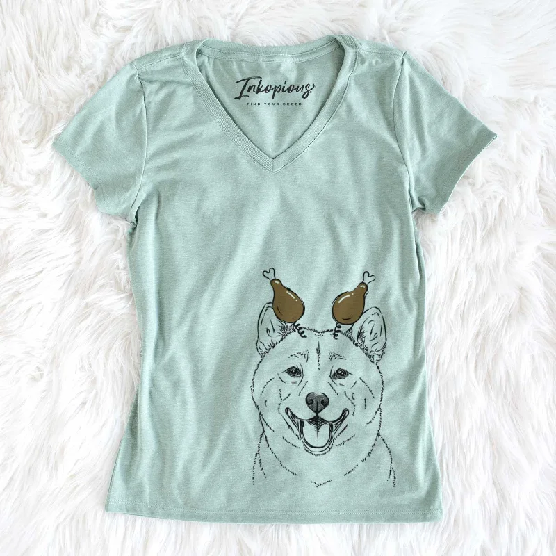 Thanksgiving Hiro the Shiba Inu - Women's V-neck Shirt-- Striped Floral Plaid