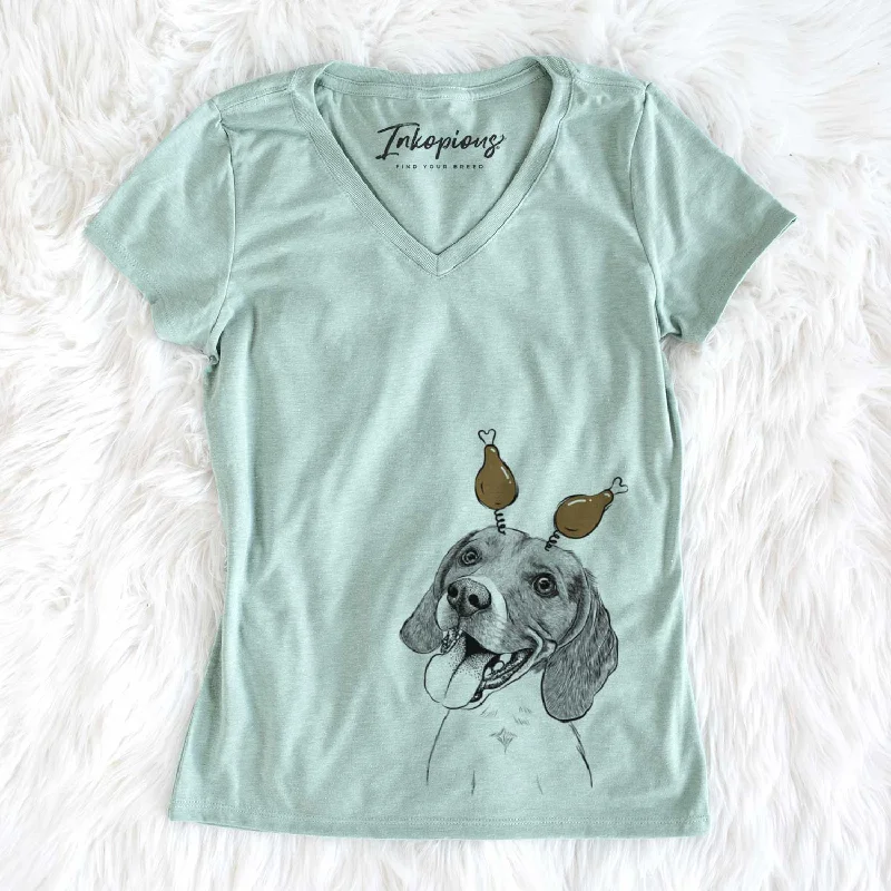 Thanksgiving Little Bandit the Beagle - Women's V-neck Shirt-- Seamless Knitted Crochet Thanksgiving Little Bandit the Beagle - Women's V-neck Shirt-- Seamless Knitted Crochet