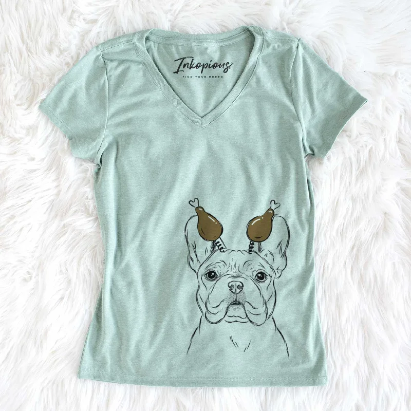 Thanksgiving Franco the French Bulldog - Women's V-neck Shirt-- Seamless Knitted Crochet Thanksgiving Franco the French Bulldog - Women's V-neck Shirt-- Seamless Knitted Crochet