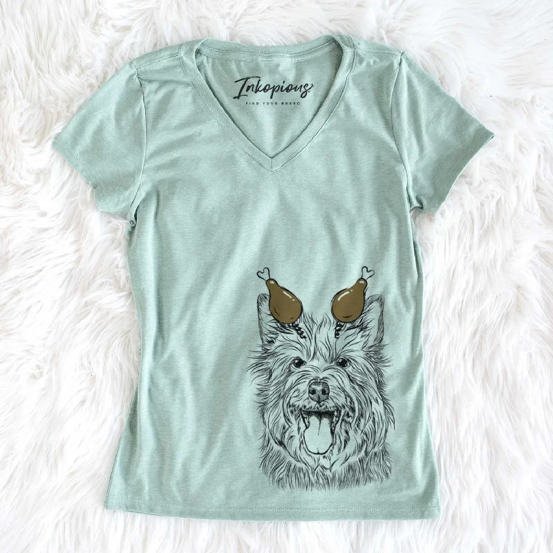 Thanksgiving Middy the Australian Terrier - Women's V-neck Shirt-- Rayon Velvet Corduroy