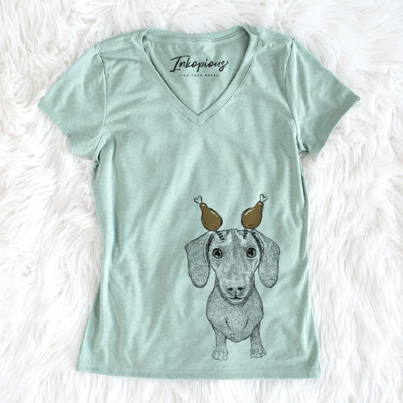 Thanksgiving Ernie the Mini Dachshund - Women's V-neck Shirt-- Chenille Fabric Brocade Fabric Lace Fabric Thanksgiving Ernie the Mini Dachshund - Women's V-neck Shirt-- Chenille Fabric Brocade Fabric Lace Fabric