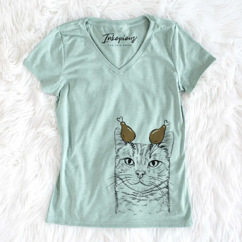 Thanksgiving Ginger Tom the Tabby Cat - Women's V-neck Shirt-- Graphic T-Shirt Round Neck Polyester Thanksgiving Ginger Tom the Tabby Cat - Women's V-neck Shirt-- Graphic T-Shirt Round Neck Polyester