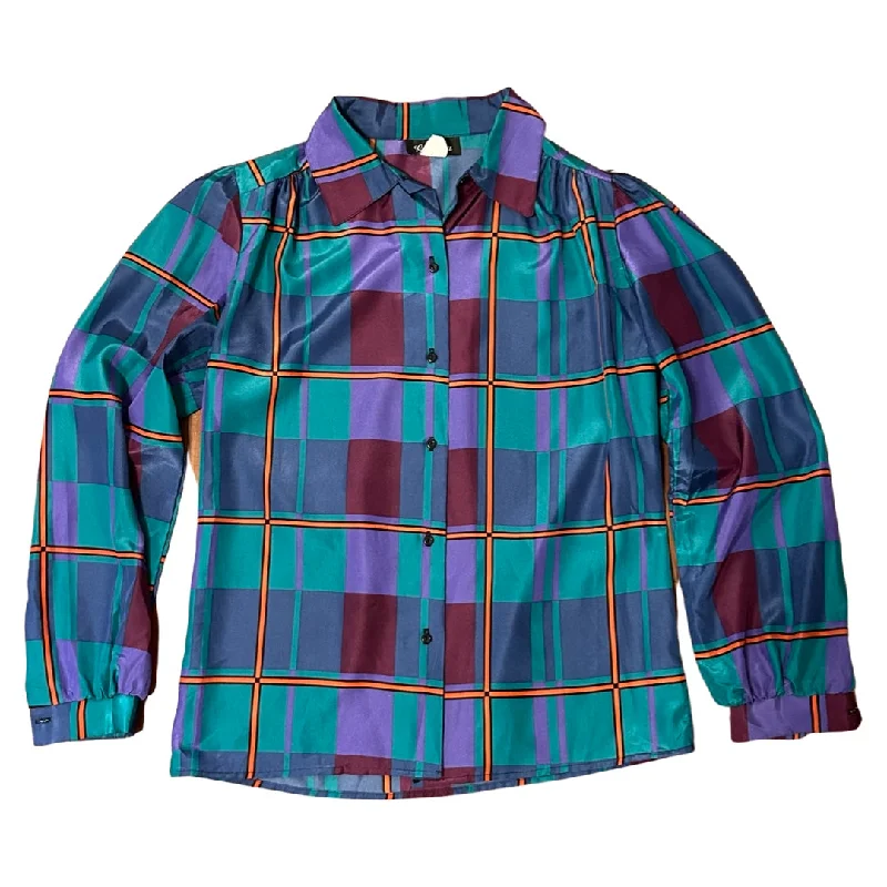 Vintage Teal Plaid Blouse (L) Relaxed Fit Blouse