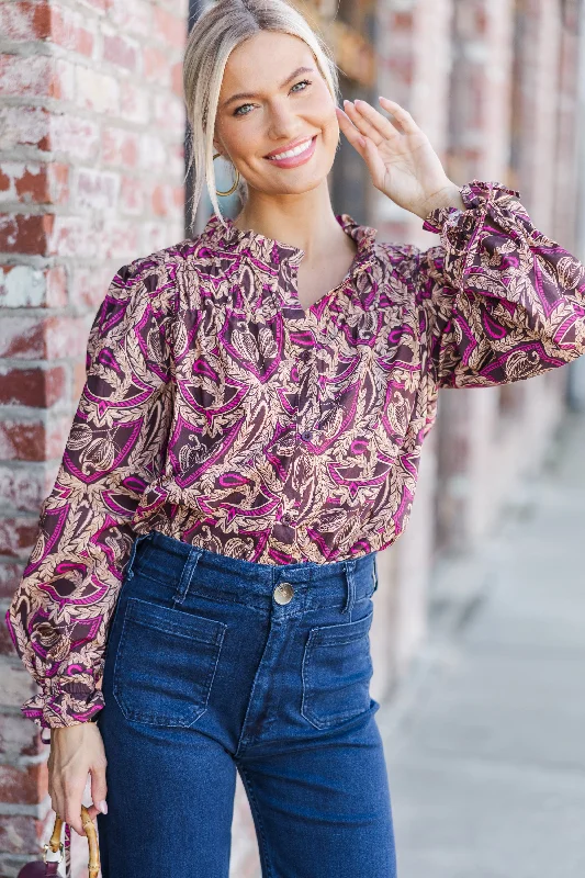 Get Familiar Brown Floral Blouse Playful Puff Blouse