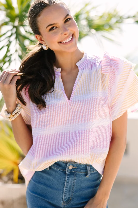 You Got This Coral Pink Striped Blouse Pleated Collar Blouse